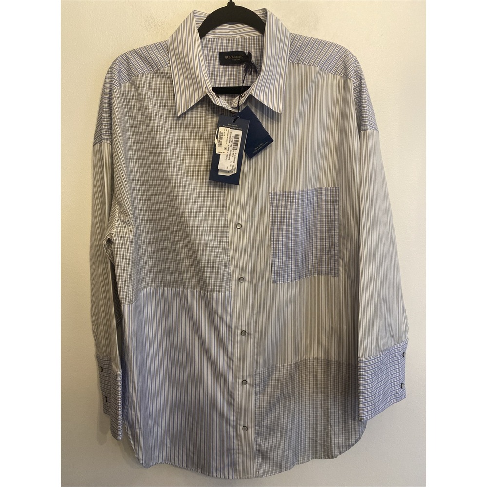 NWT  Piazza Sempione Blue Pearl Snaps Oversized Shirt Italian Sz 50; US Sz 14-16